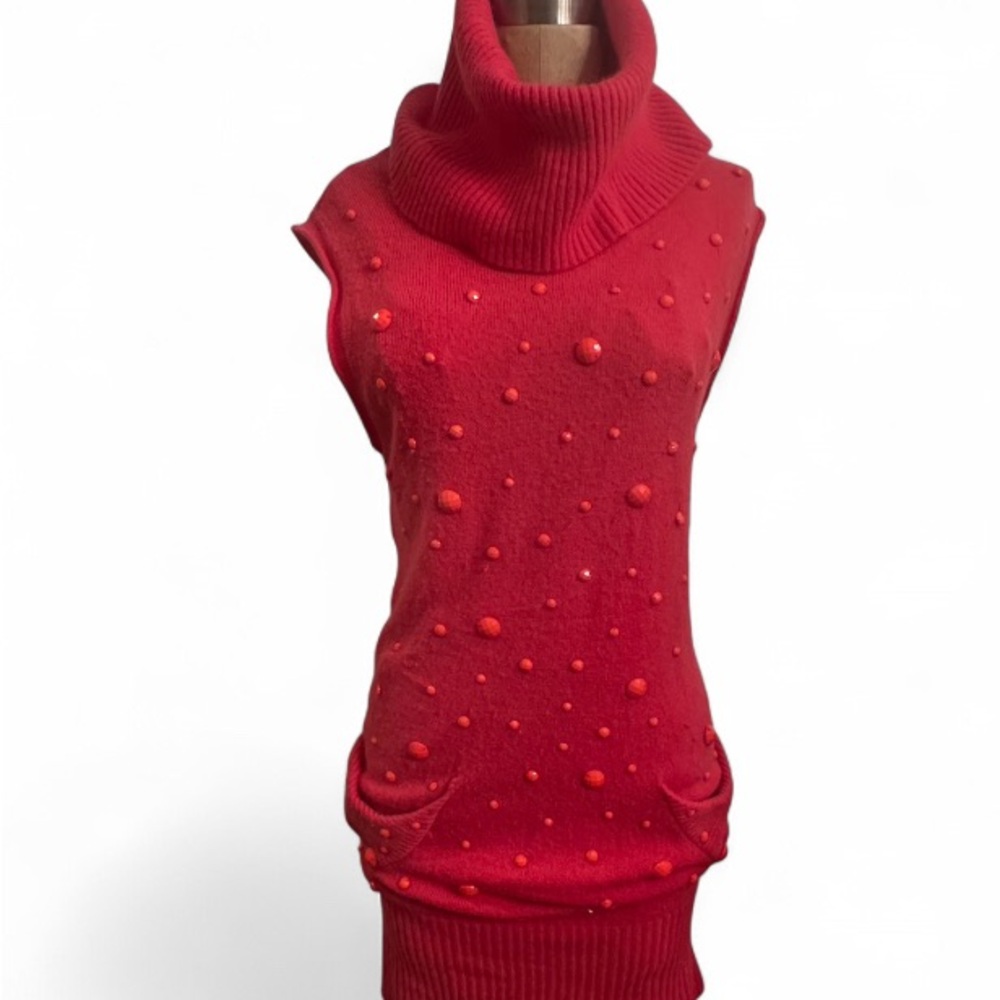 Vintage Chanel coral cashmere Cowl Neck Sweater dress stone embellishments - Picture 2 of 10